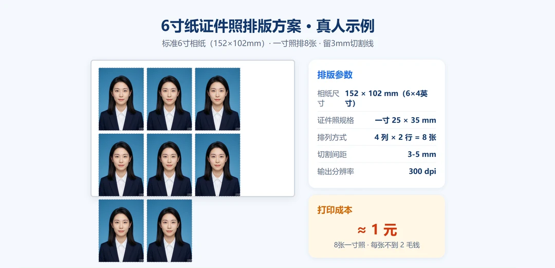 6寸相纸证件照排版方案示意图:左为一寸8张排版、右为二寸4张排版,标准6寸纸152×102mm
