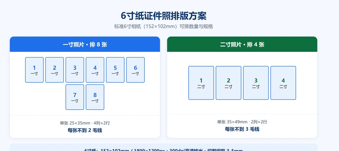 6寸相纸证件照排版方案示意图：左为一寸8张排版、右为二寸4张排版，标准6寸纸152×102mm