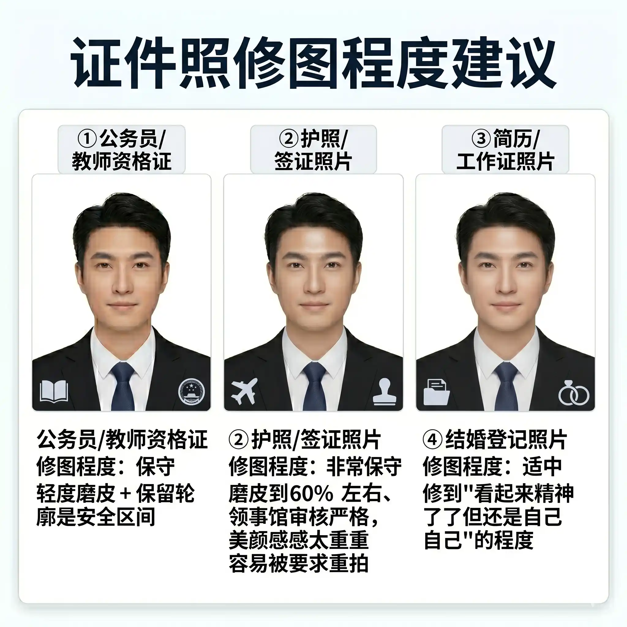 证件照修图场景差异示意