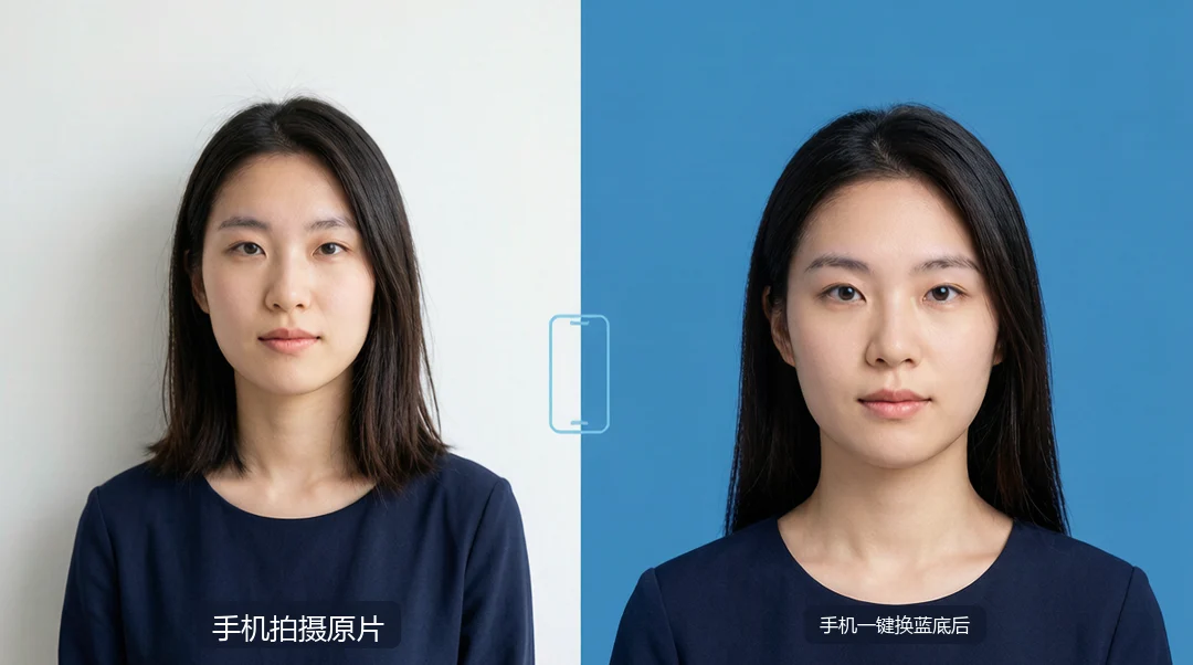 手机拍摄原片与手机一键换蓝底后的前后效果对比:从生活照到标准证件照