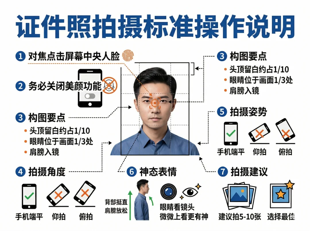 证件照拍摄光线与姿态示意